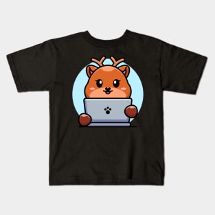 Cute deer with laptop cartoon design Kids T-Shirt